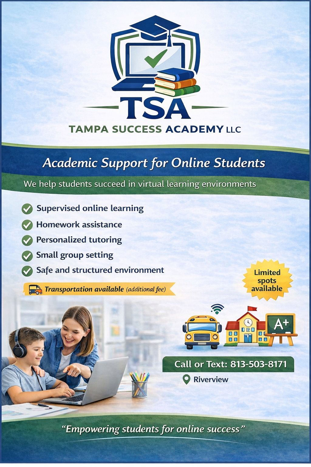 Tampa Success Academy flyer with services, schedule, and contact information