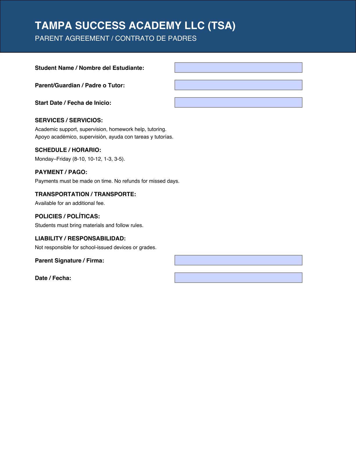 Parent agreement preview